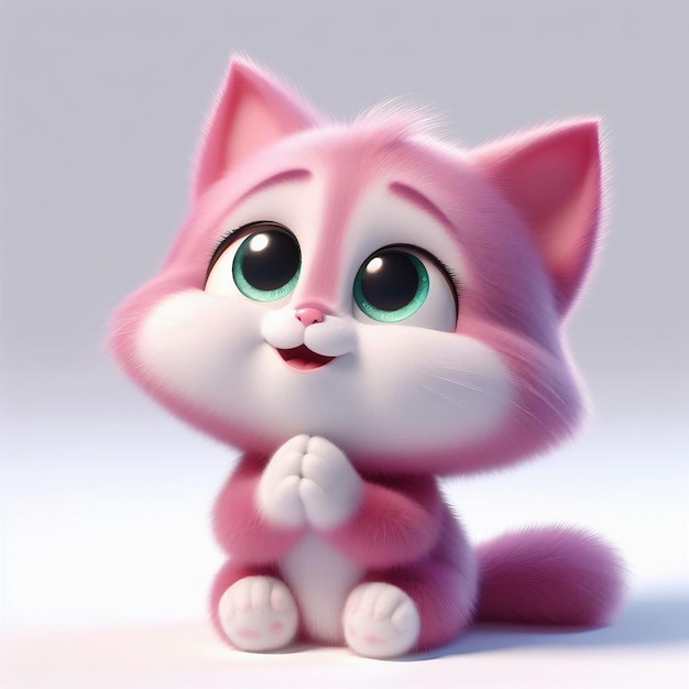 a pink cat with green eyes and praying