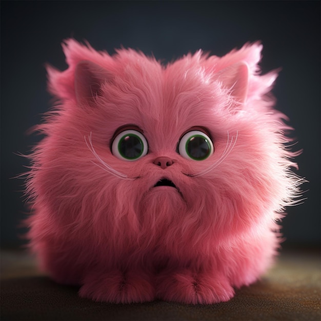 A pink cat with green eyes sits on a brown surface.