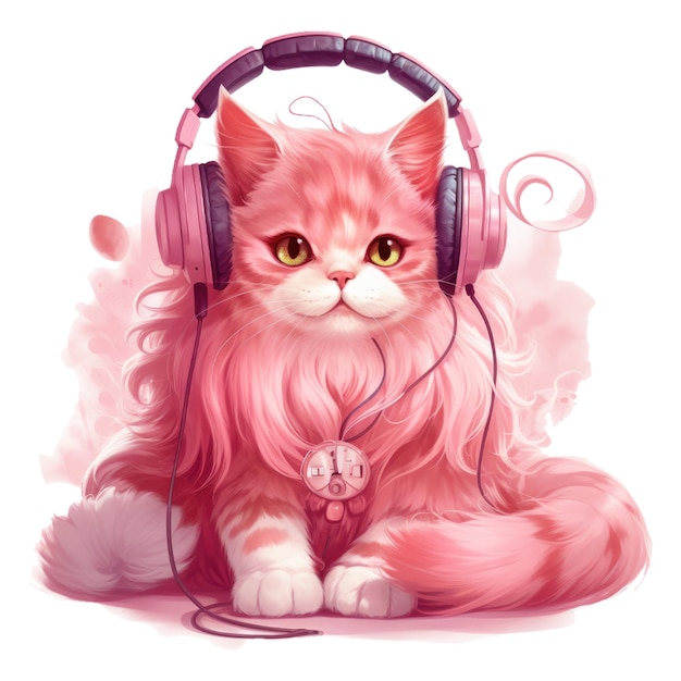 A pink cat with a pink headphones on