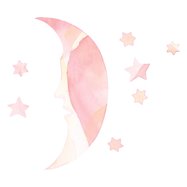 pink celestial crescent moon face with stars sticker with white border