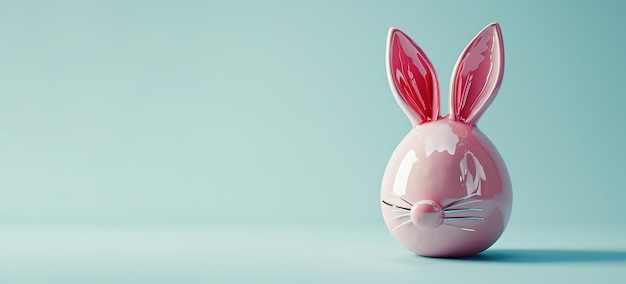 Розовое керамическое яйцо с ушами кролика на синем фоне