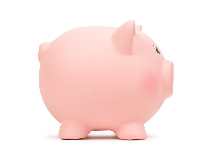 Photo pink ceramic piggy bank, isolated on white. 