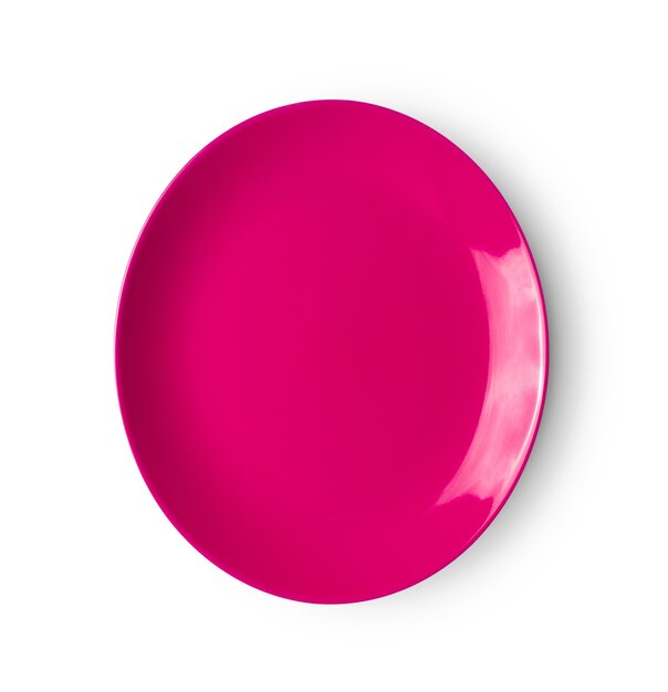 Pink ceramic plate on white background