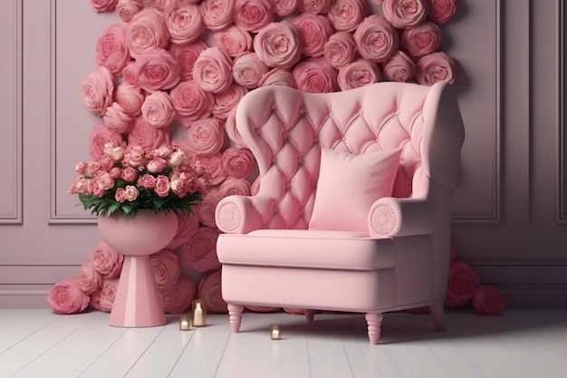 A pink chair in front of a large wall of roses.