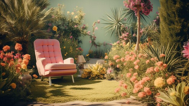 a pink chair in a garden with a pink chair and a pink chair