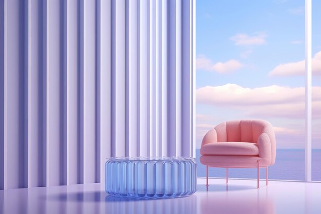 유리 커피 테이블 초현실적인 최소한의 인테리어 디자인 연단 모형실 옆에 있는 분홍색 의자