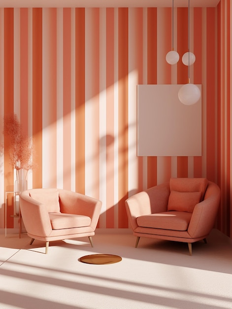 A pink chair and a lamp in a room with a wallpaper.