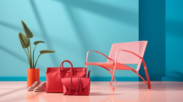 Pink chair and red handbags on a blue wall background 3d rendering