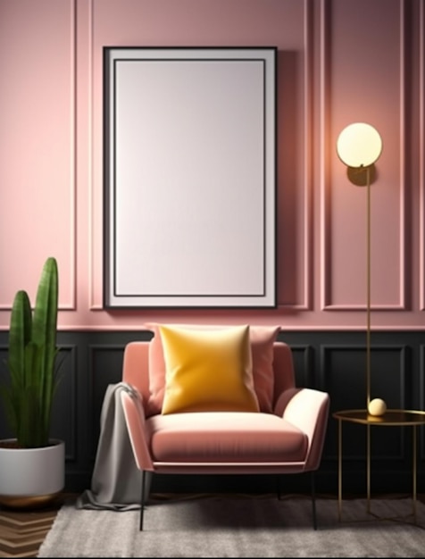 A pink chair in a room with a plant on the bottom right.