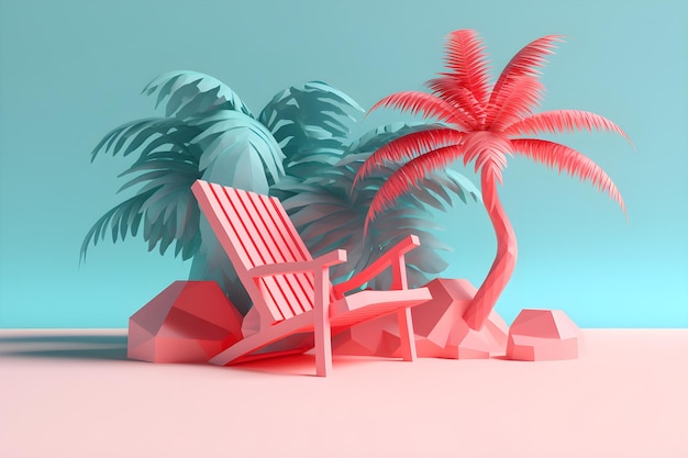 A pink chair sits on a beach with palm trees in the background.