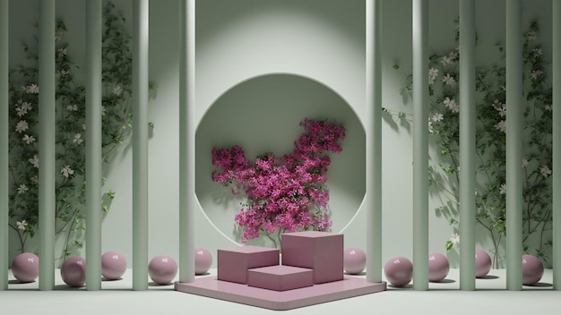 A pink chair sits in front of a white wall with a pink flower arrangement.