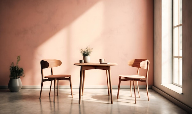 A pink chair and table on a white wall