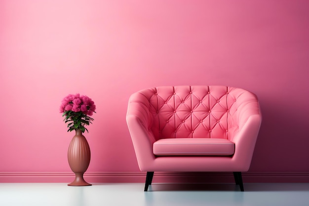 Pink chair next to vase with pink flower in it Generative AI