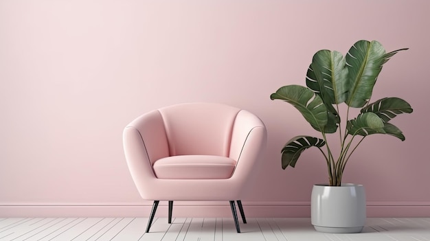 A pink chair in a white room with a potted plant next to it.