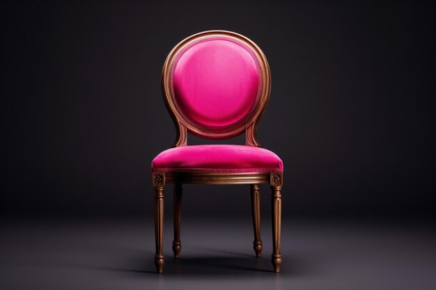 a pink chair with a gold frame and a pink cushion