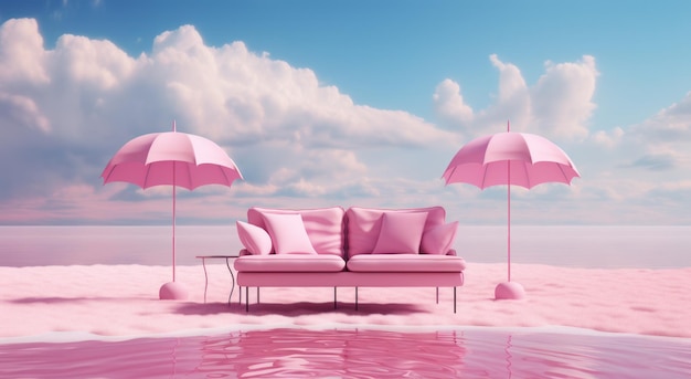 Pink chairs surrounding a pool and ocean in the style of Barbie world