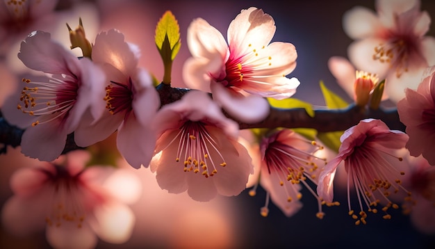 Pink Cherry Blossom on Branch Close Up Shot