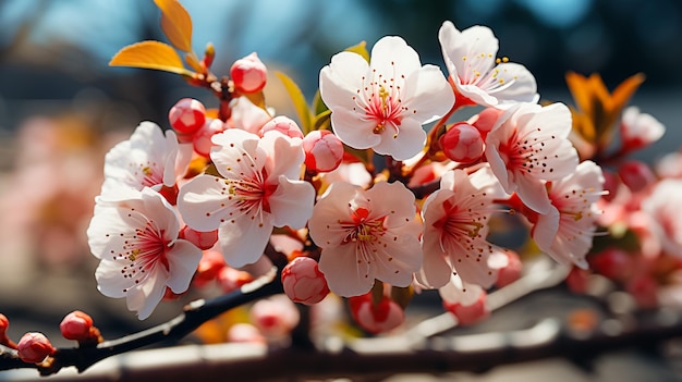 The pink cherry blossom field on blue sky