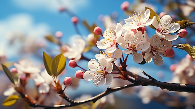 The pink cherry blossom field on blue sky