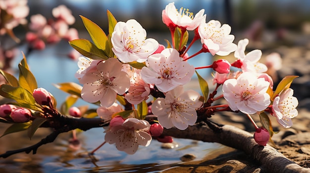 Photo the pink cherry blossom field on blue sky