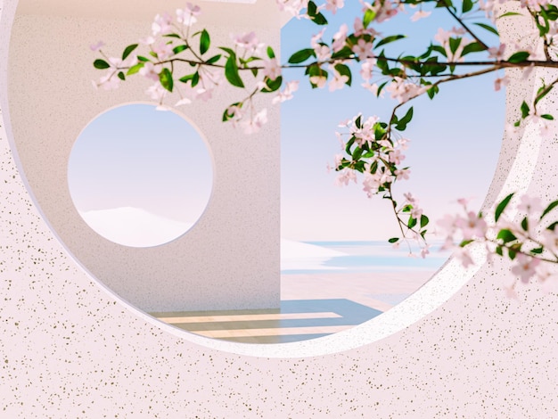 A pink cherry blossom flower window with a blue sky in the background