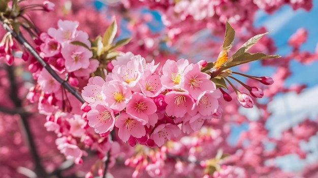 Pink cherry blossom flowers blooming on a tree
