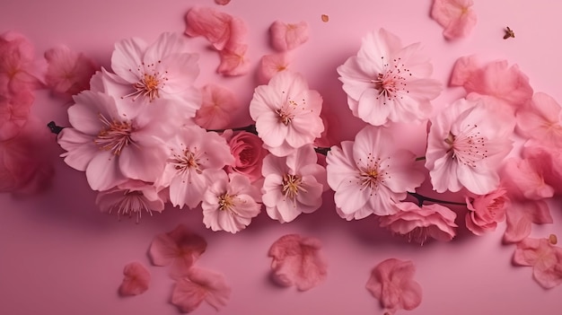 Pink cherry blossom flowers on a pink romantic background