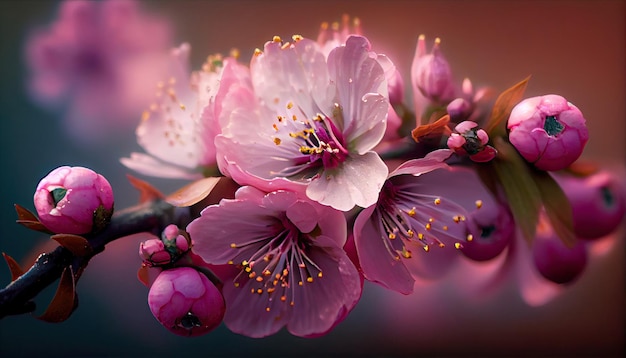 Pink cherry blossom of Spring Closeup with Generative AI Technology