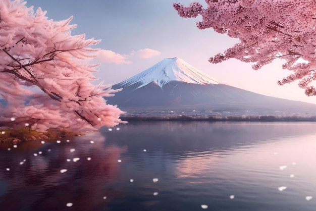 A pink cherry blossom tree is reflected in the water.