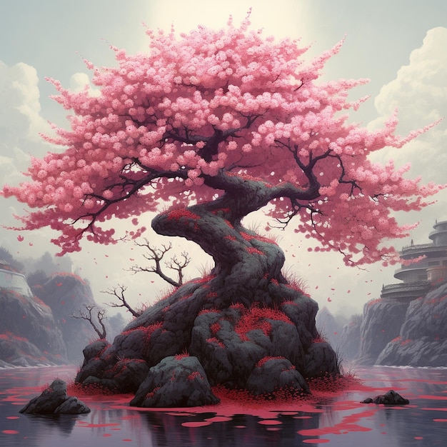 핑크색 체리 꽃 나무가 물 속의 바위 위에 있습니다.