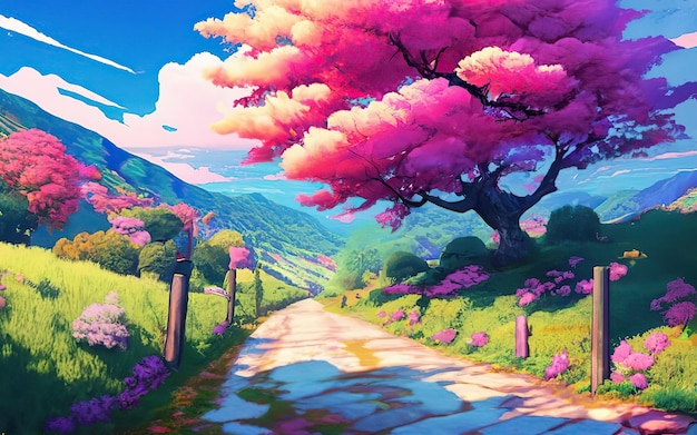 ピンクの桜の花の木 日本のアニメスタイルの背景