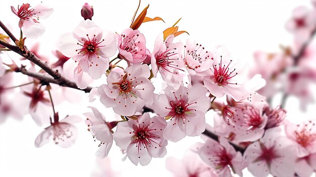 Pink cherry blossom on white background Sakura tree branch