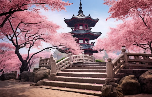 사진 정원 에 있는 분홍색 체리 꽃 과 파고다 일본