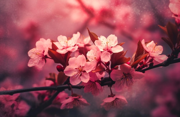 Pink cherry blossoms are on a branch