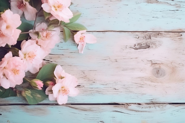 Pink cherry blossoms on a blue wooden background