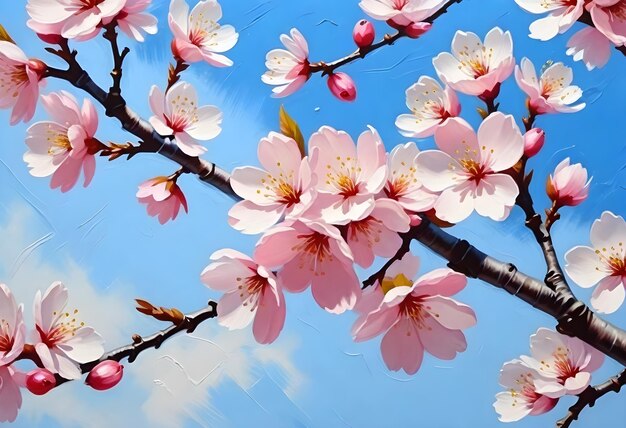 Pink cherry blossoms on branches against a clear blue sky