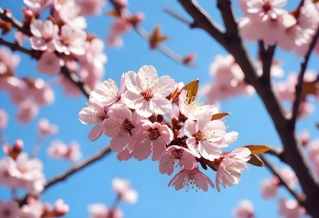 은 파란 하늘을 배경으로 가지에 분홍색 체리 꽃이 피고 있습니다.