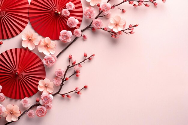 Pink cherry blossoms and Chinese traditional fans top view Banner with space for your own content Blank space for the inscription