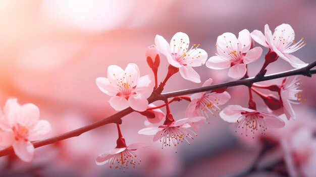 Pink cherry blossoms in closeup featuring a soft bokeh effect The gentle pinks and dreamy light evoke feelings of spring and renewal