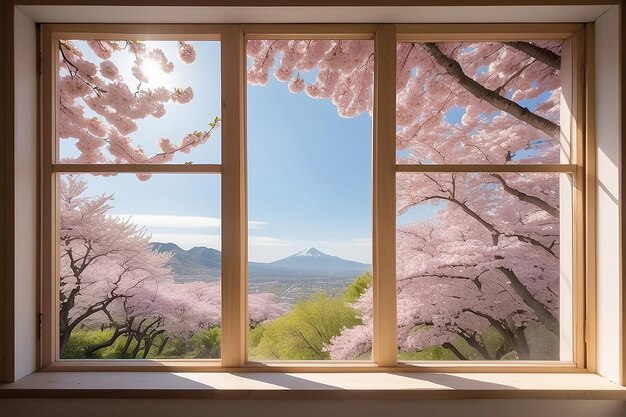 Розовые вишневые цветы обрамляют солнечное окно