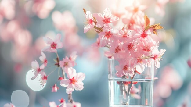 Photo pink cherry blossoms in a glass as a vase generative ai