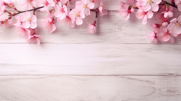 Pink cherry blossoms on white wooden background