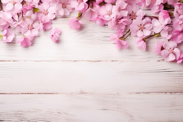 Pink cherry blossoms on white wooden background