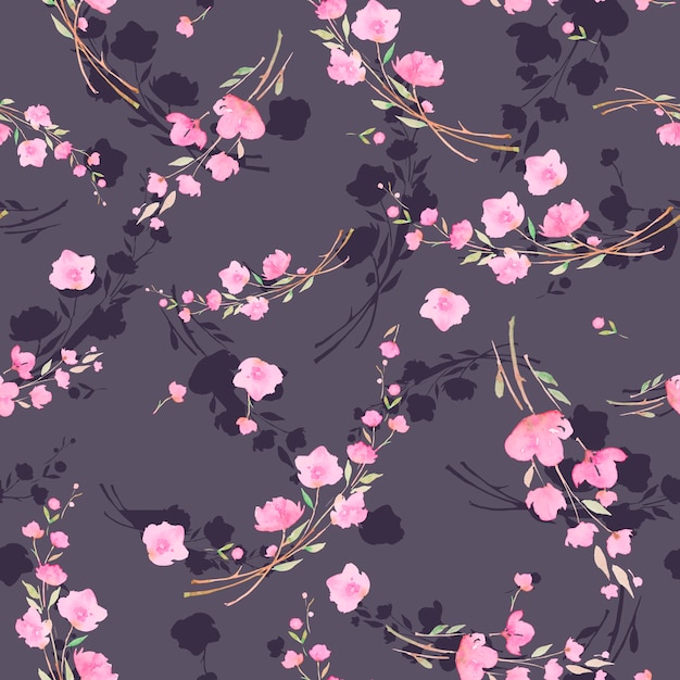 회색 배경 사쿠라 원활한 수채화 패턴에 핑크 체리 꽃