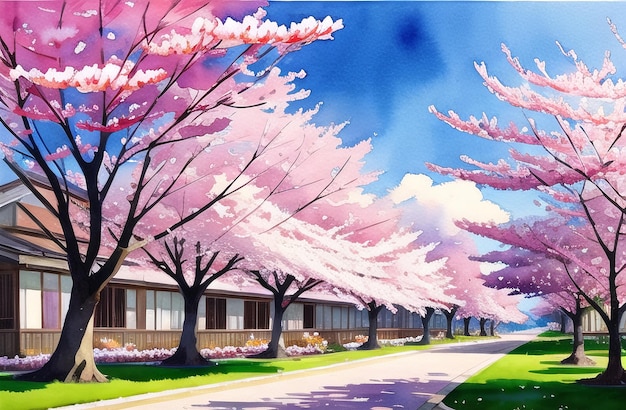 Pink cherry tree blossom flowers blooming in spring sakura easter time ai generated landscape for children book stories fairytales