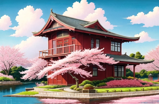 Pink cherry tree blossom flowers blooming in spring sakura easter time ai generated landscape