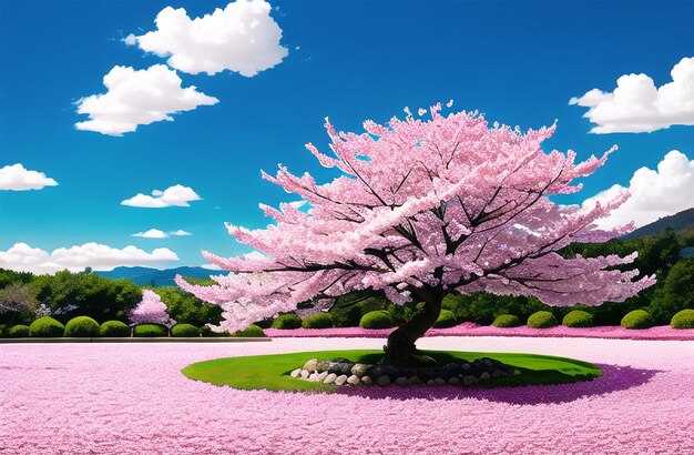 Pink cherry tree blossom flowers blooming in spring sakura easter time ai generated landscape