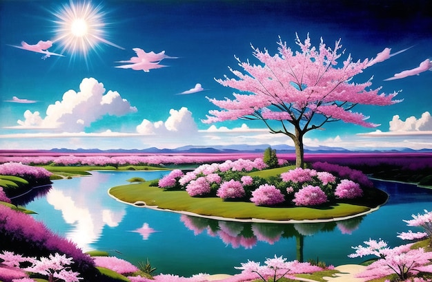 Pink cherry tree blossom flowers blooming in spring sakura easter time ai generated landscape