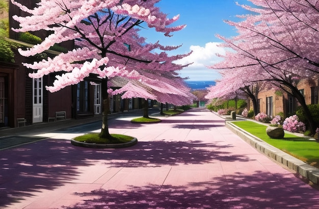 Pink cherry tree blossom flowers blooming in spring sakura easter time ai generated landscape