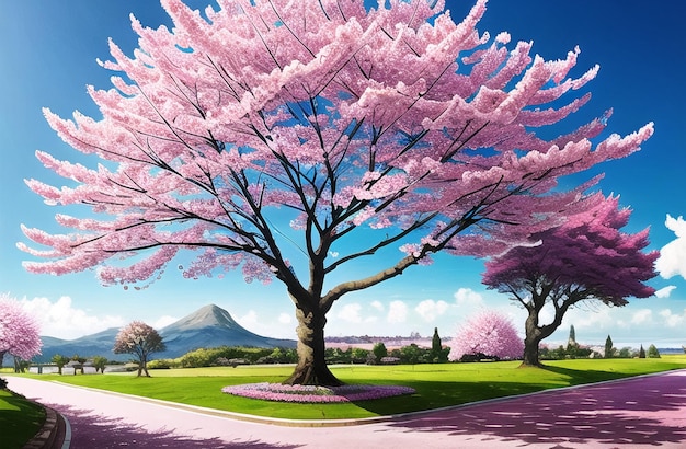 Pink cherry tree blossom flowers blooming in spring sakura easter time ai generated landscape